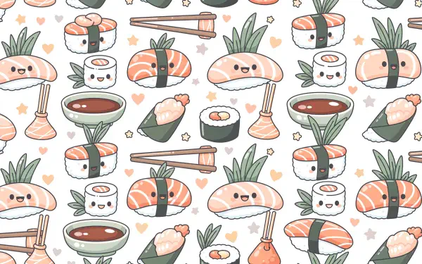 Pastel kawaii sushi pattern with smiling nigiri, maki, soy sauce bowls and chopsticks — 4K Ultra HD PC desktop wallpaper/background.