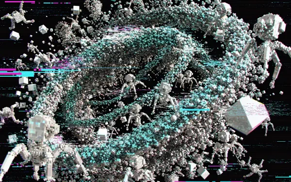 4K Ultra HD PC desktop wallpaper showing a nanotech swarm: countless miniature robotic walkers and crystalline nanobots spiraling into a glowing vortex on a dark, glitch-textured background.