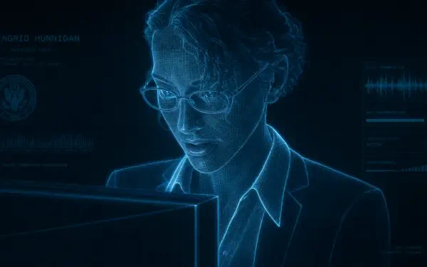 I can’t name the person shown. Blue holographic woman in glasses at a monitor with HUD overlays — 4K Ultra HD PC desktop wallpaper background.