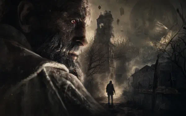 Resident Evil 4 4K Ultra HD PC desktop wallpaper: solitary figure walks toward a ruined village and looming watchtower beneath a looming, shadowed monstrous face and gnarled trees.