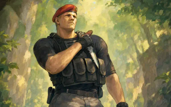 4K Ultra HD PC desktop wallpaper of Jack Krauser: muscular soldier in a red beret and tactical vest, holding a knife across his chest in a sunlit forest.
