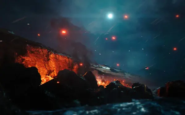 HD PC desktop wallpaper from the video game 007 First Light: ember-lit rocky shoreline beneath a teal night sky, mist and distant lights lending a moody, cinematic atmosphere.