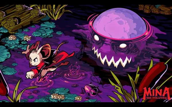4K Ultra HD PC wallpaper of Minna The Hollower: cape-clad rabbit charging a toothy purple spirit across a swirling violet swamp dotted with lilies and logs.