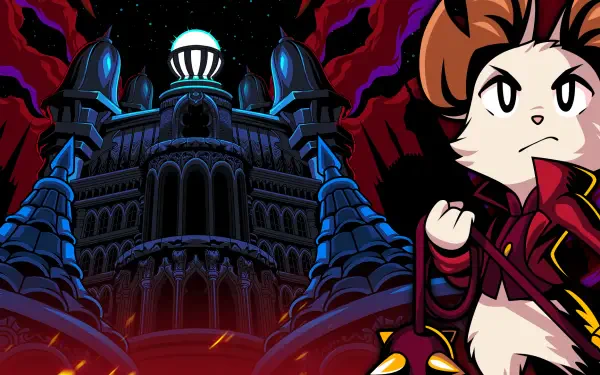 HD PC desktop wallpaper from the video game Minna The Hollower: a determined Minna stands at right, cape swirling, before a looming gothic castle under swirling red-and-black skies.