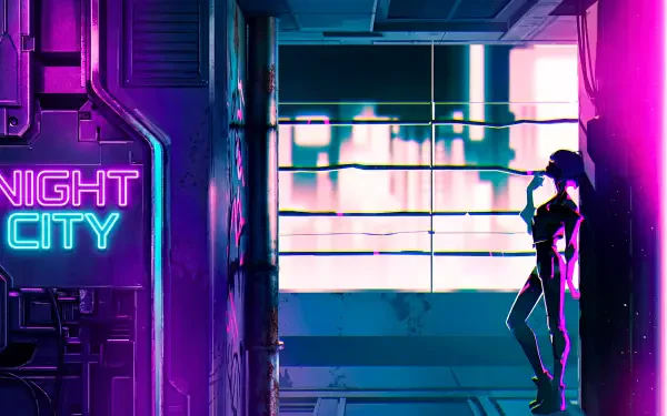 5K Ultra HD PC wallpaper: neon-lit Night City skyline, Lucy from Cyberpunk: Edgerunners silhouetted by a window in Cyberpunk 2077 style.
