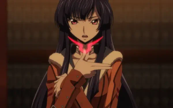 Anime HD PC desktop wallpaper from Code Geass: Rozé Of The Recapture, dark-haired woman with piercing red eyes and glowing red sigil at her throat, hand raised in command.