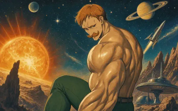 Escanor (The Seven Deadly Sins) 4K Ultra HD PC desktop wallpaper and background: towering, muscular hero before a blazing sun, distant planets, rocket and futuristic outpost.