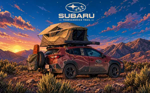 4K Ultra HD PC desktop wallpaper of a Subaru SUV with rooftop tent at sunset in rugged desert scrub, mountains in the background and the Subaru logo with Transamerica Trail above.