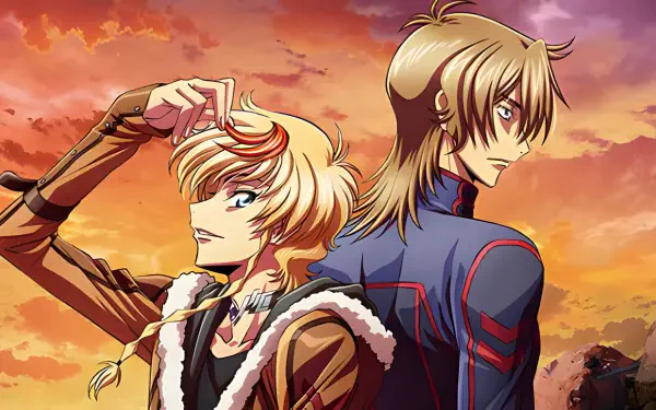 Anime HD PC desktop wallpaper from Code Geass: Rozé Of The Recapture — two blond characters back-to-back at a fiery sunset, one grinning with a braid, the other solemn in a blue uniform.