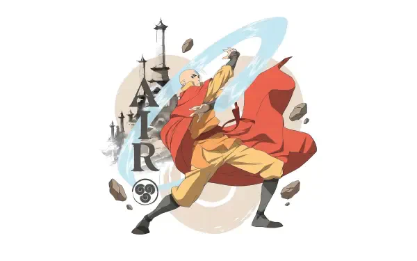 Avatar: The Last Airbender 4K Ultra HD PC desktop wallpaper and background — Aang in a dynamic airbending pose, red robe swirling amid floating rocks and a stylized temple silhouette.