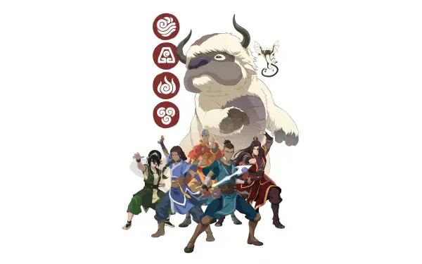 Avatar: The Last Airbender 4K Ultra HD PC desktop wallpaper and background showing Aang, Katara, Sokka, Toph, Zuko and crew with Appa and elemental icons.