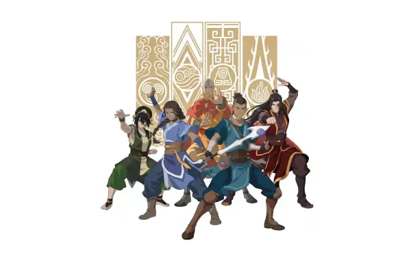 Group of Avatar: The Last Airbender characters in dynamic battle stances beneath stylized elemental sigils — 4K Ultra HD PC desktop wallpaper and background.