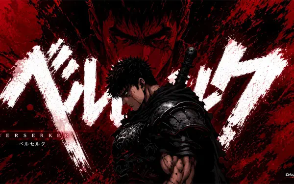 Guts (Berserk) in dark armor with his massive sword, framed by blood-red splatter and bold white title strokes — 2K Quad HD PC Desktop Wallpaper and Background.