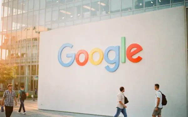 4K Ultra HD PC desktop wallpaper showing large multicolored Google logo on a white building facade with glass offices and pedestrians.