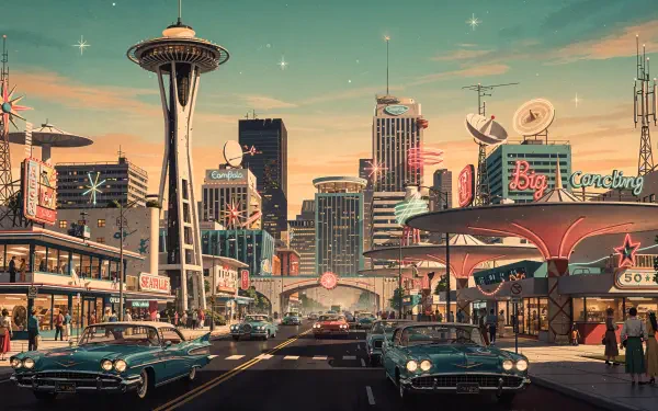 Retro-futuristic Seattle skyline with Space Needle, neon signs and classic cars at dusk — 4K Ultra HD PC desktop wallpaper and background.
