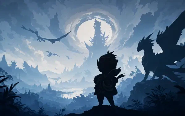 Silhouetted rider and wyvern in a misty valley beneath a colossal shadow-beast — Monster Hunter Stories 3: Twisted Reflection, video game, Monster Hunter, 4K Ultra HD PC desktop wallpaper/background.