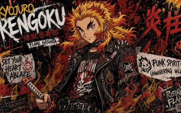 Kyojuro Rengoku 4K Ultra HD PC desktop wallpaper and background: Flame Hashira in a punk jacket, sword raised amid blazing graffiti, fiery tones and high-contrast anime art.