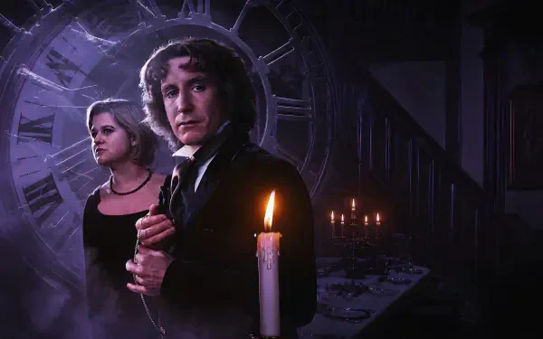 4K Ultra HD PC desktop wallpaper: Doctor Who (2005) — the Doctor and Charley Pollard by candlelight in a dark, ruined corridor with a cracked clock face looming behind them.