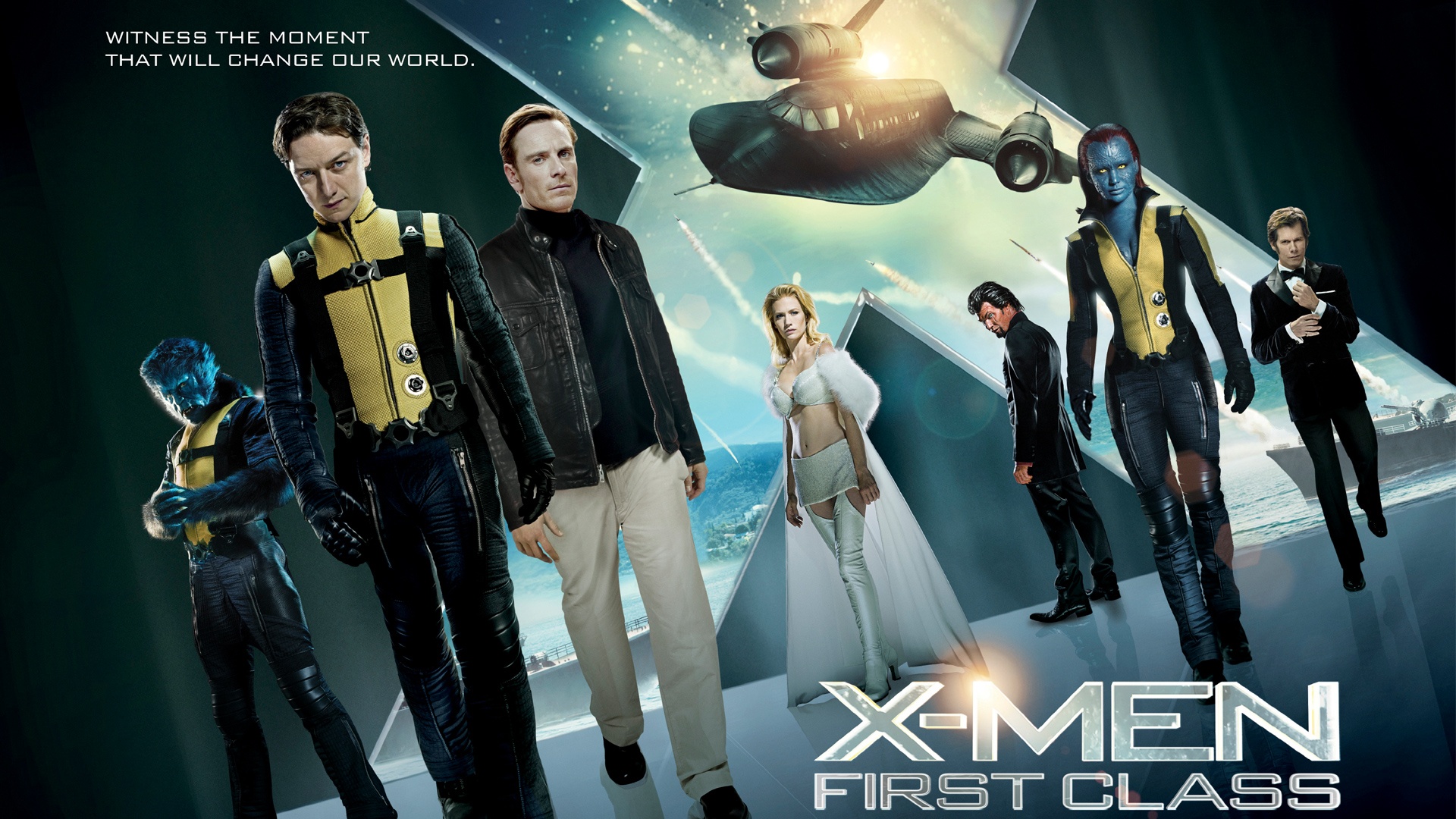 Group of iconic X-Men characters from the movie X-Men: First Class - Mystique, Beast, Emma Frost, Charles Xavier, Magneto, and Sebastian Shaw.