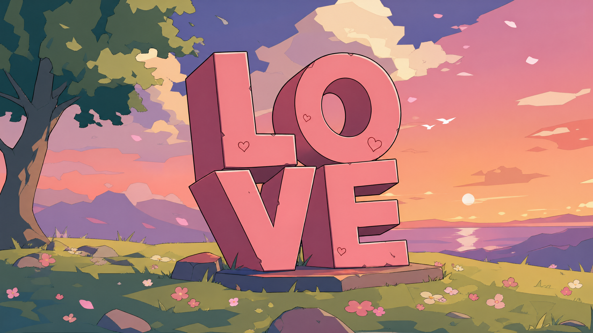 3D pink LOVE letters on a grassy hill at sunset with a tree, wildflowers and distant sea — 4K Ultra HD PC desktop wallpaper/background.