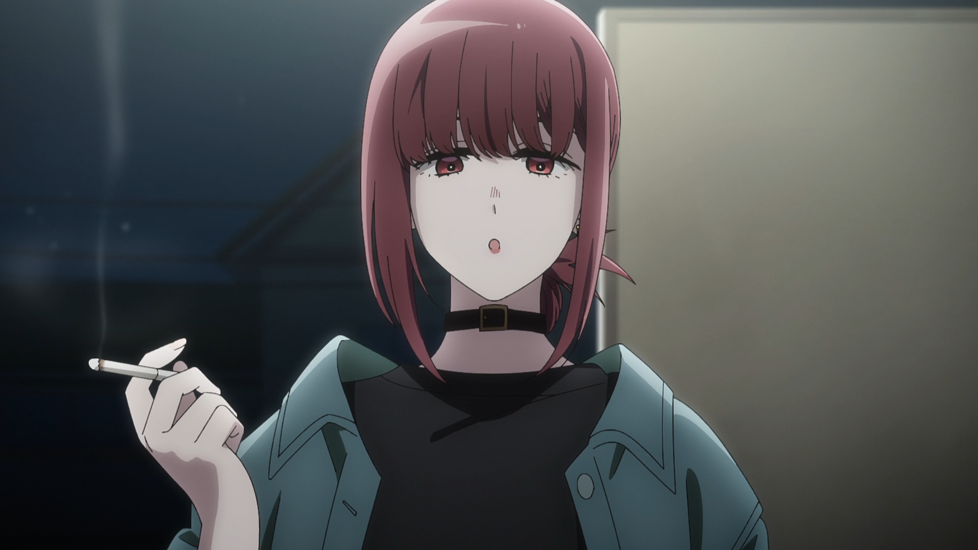 HD PC wallpaper of anime Yamada (Smoking Behind the Supermarket with You), smoking behind a supermarket with a stoic expression.