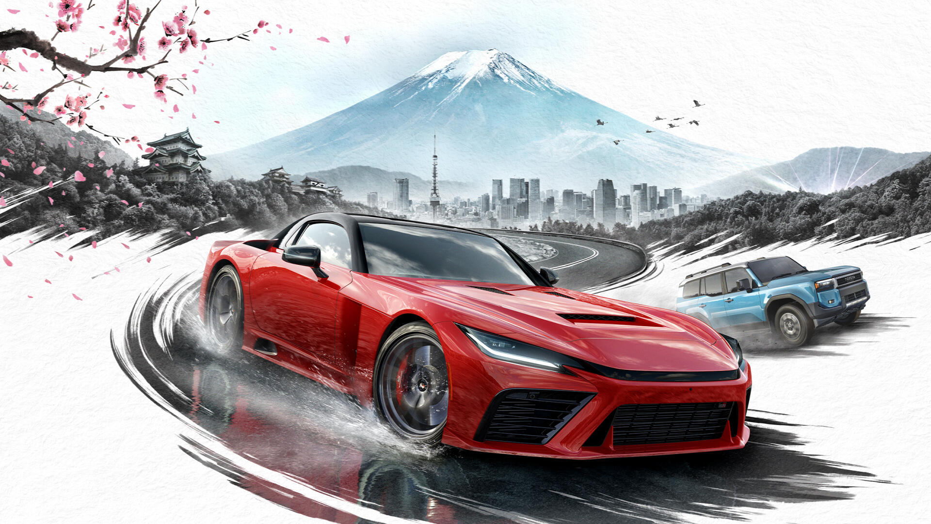 Forza Horizon 6 2K Quad HD PC desktop wallpaper: red sports car drifting on a wet road with a blue off‑roader, cherry blossoms, city skyline and a snow‑capped mountain backdrop.