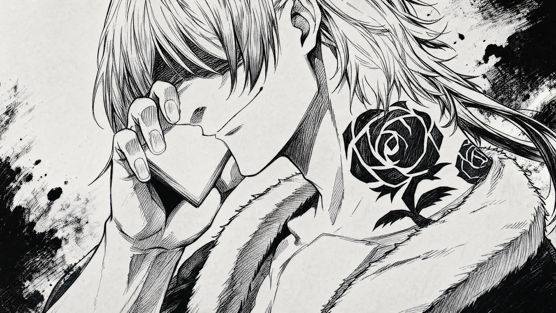Black-and-white manga-style portrait by Miachael Kaiser: long-haired man holding a phone, dark rose tattoo on his neck, ink-splatter background — 4K Ultra HD PC desktop wallpaper.