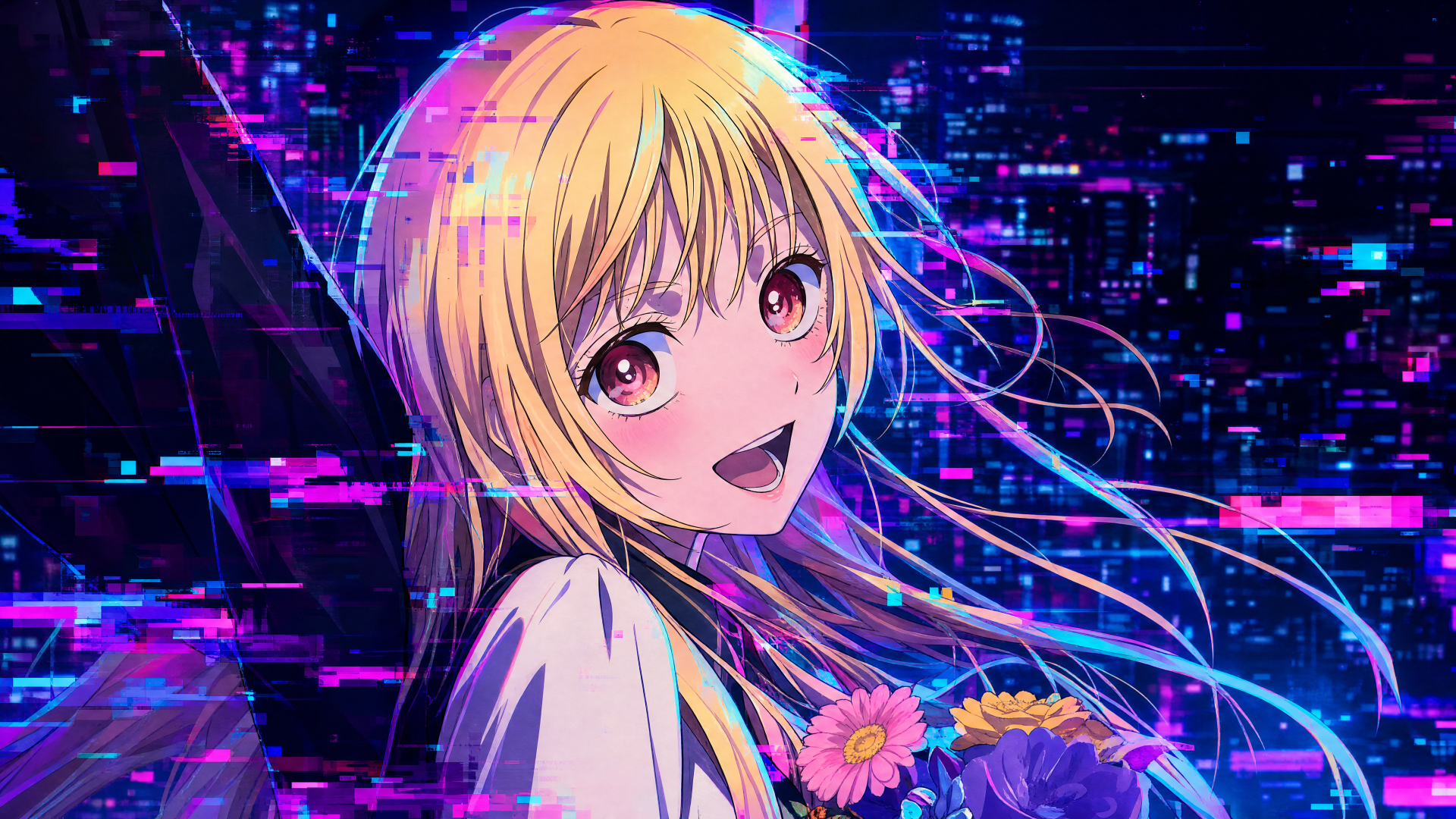 Mei Kinosaki anime character smiling with flowing blonde hair and flowers against a neon glitch city — 4K Ultra HD PC desktop wallpaper and background.