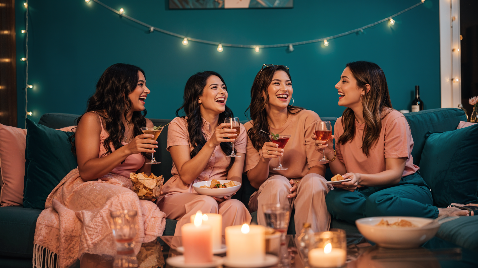 Girls' night: four friends in matching loungewear laugh on a teal sofa, holding drinks and snacks amid candles and string lights — 4K Ultra HD PC desktop wallpaper and background.