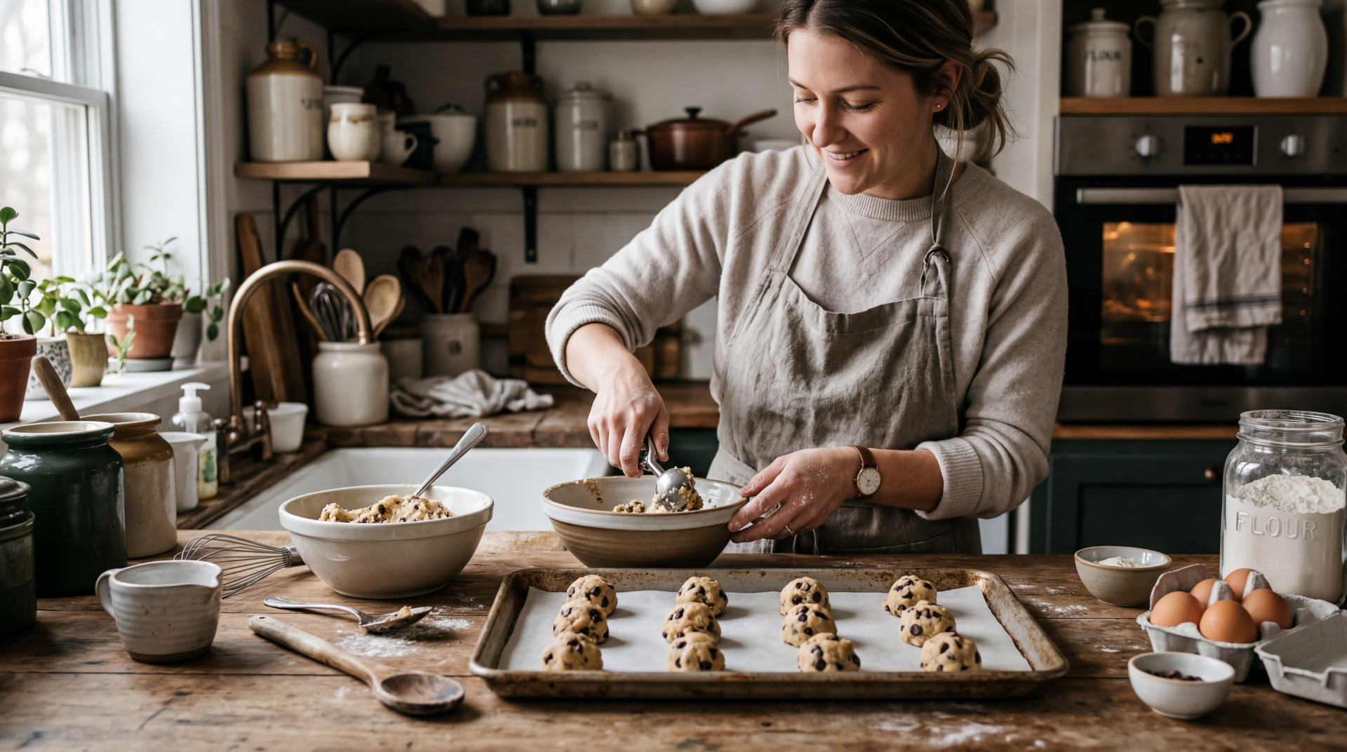 5K Ultra HD PC desktop wallpaper: woman joyfully baking cookies in a rustic kitchen, scooping dough onto a tray with ingredients on a wooden countertop.