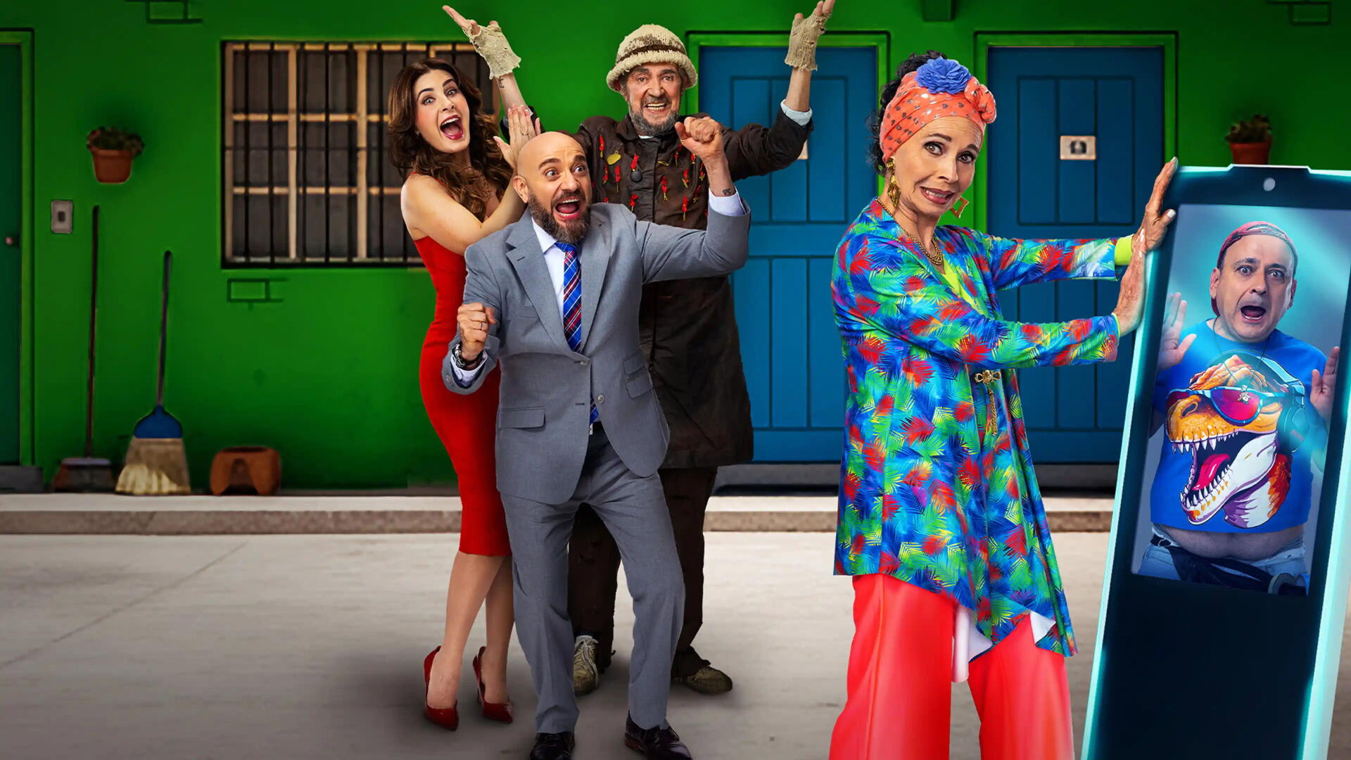 Vecinos: colorful cast posing cheerfully outside a green apartment door — 4K Ultra HD PC desktop wallpaper and background.