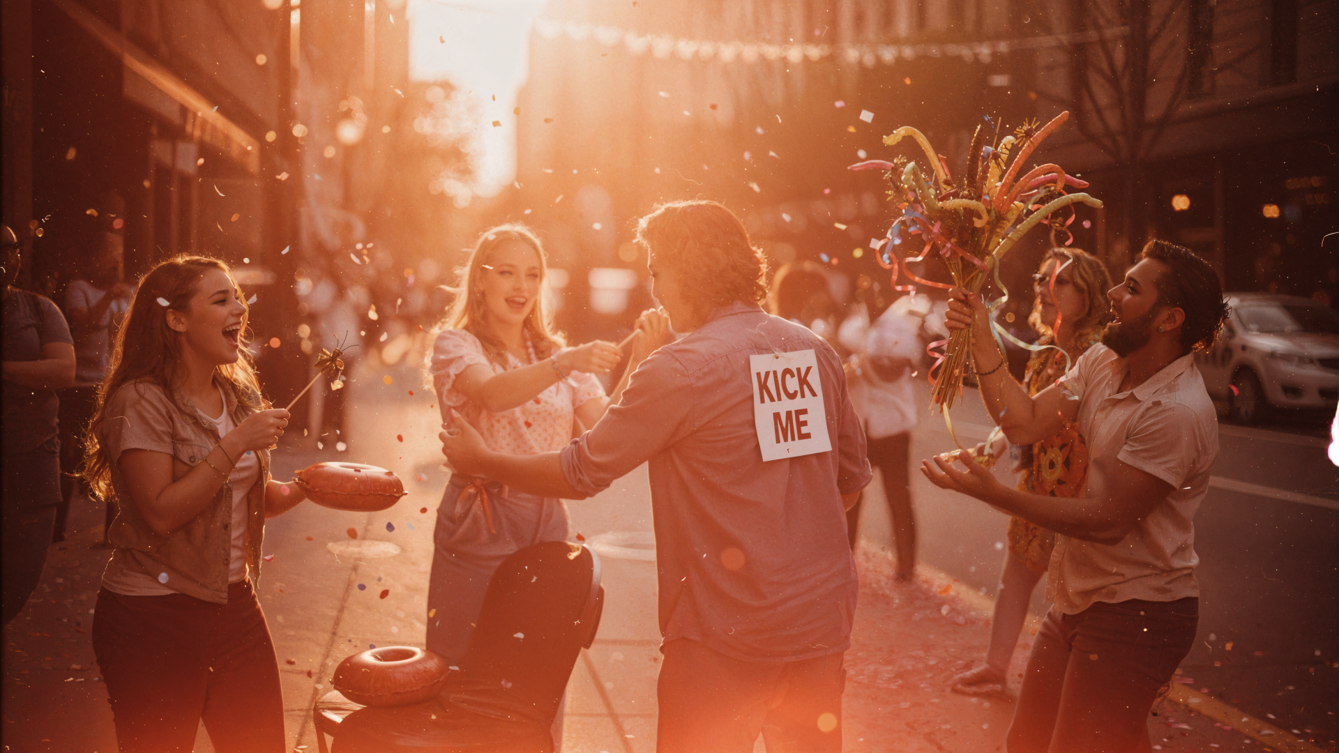 Warm sunset street prank: friends laugh and shower a person wearing a KICK ME sign with confetti — April Fools Day, 4K Ultra HD PC desktop wallpaper and background.