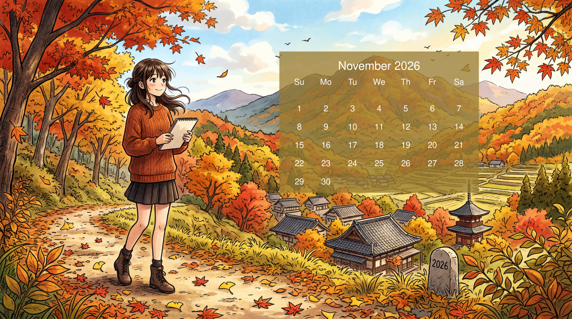 Anime autumn landscape with a girl and village, November 2026 calendar overlay — 5K Ultra HD PC desktop wallpaper and background.