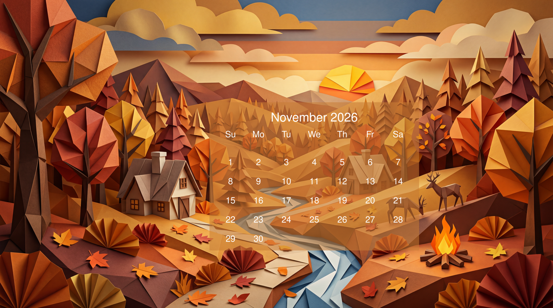 Paper-cut autumn landscape with cabin, river, deer and campfire overlaid by a November 2026 calendar — 5K Ultra HD PC desktop wallpaper/background.