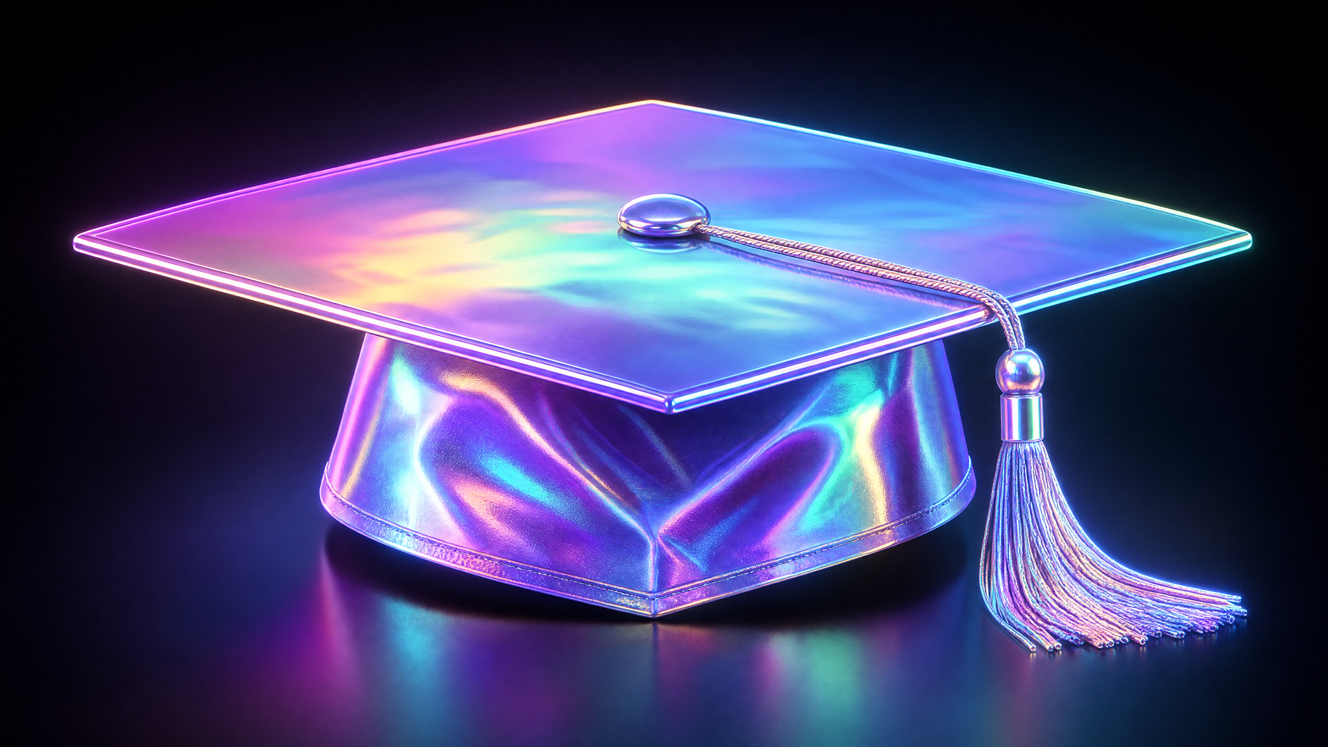 Iridescent holographic graduation cap with tassel glowing in neon colors on a reflective surface - 4K Ultra HD PC desktop wallpaper and background.