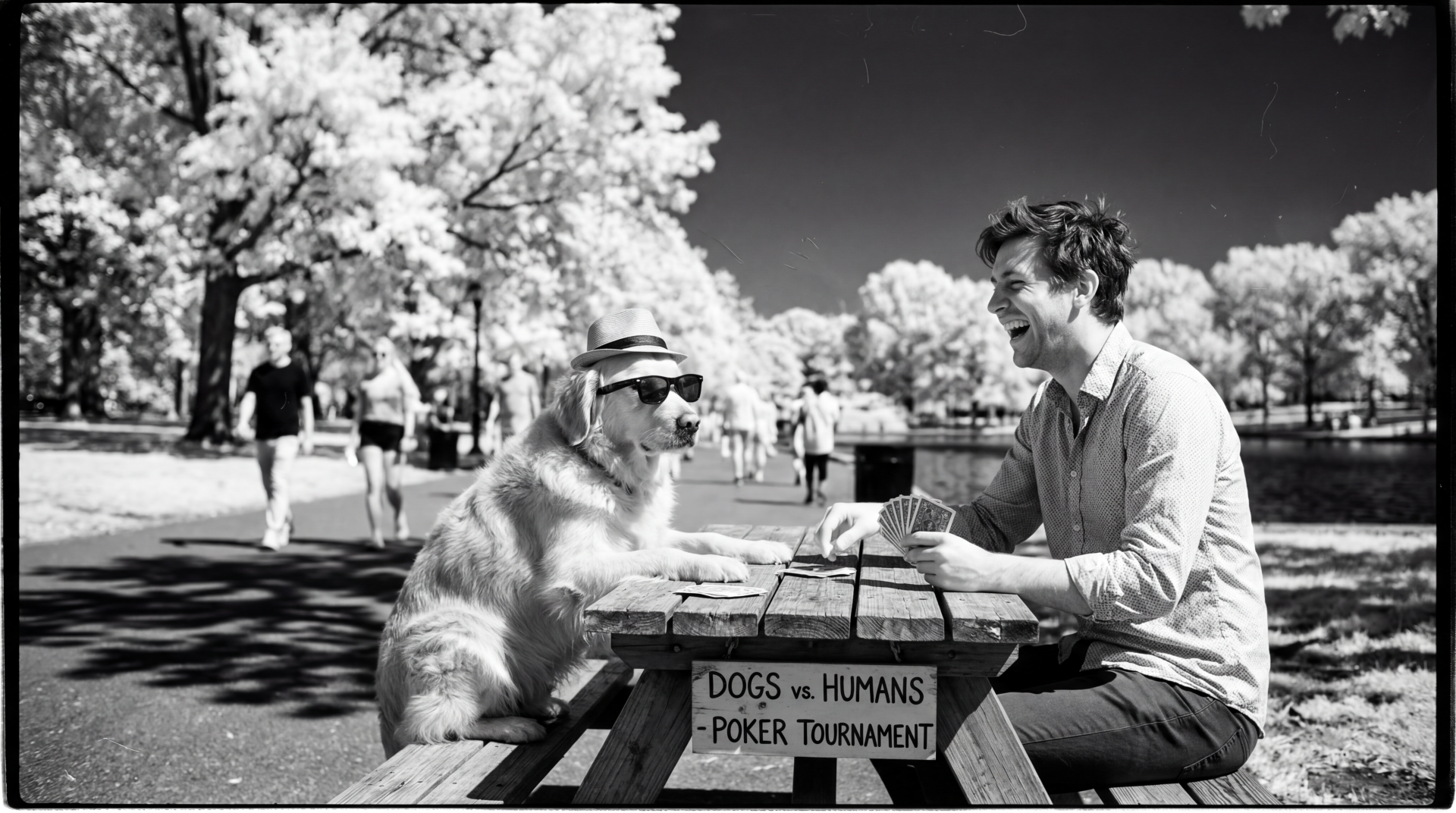 Humor: black-and-white 5K Ultra HD PC desktop wallpaper of a man and a dog playing cards at a park picnic table labeled Dogs vs Humans Poker Tournament.