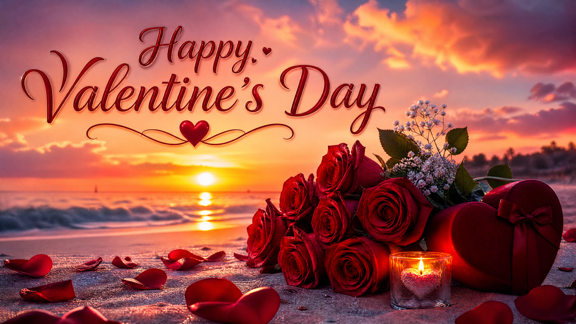Happy Valentine's Day 4K Ultra HD PC desktop wallpaper and background: red roses, candle and heart box on a sunset beach, script greeting and scattered rose petals.