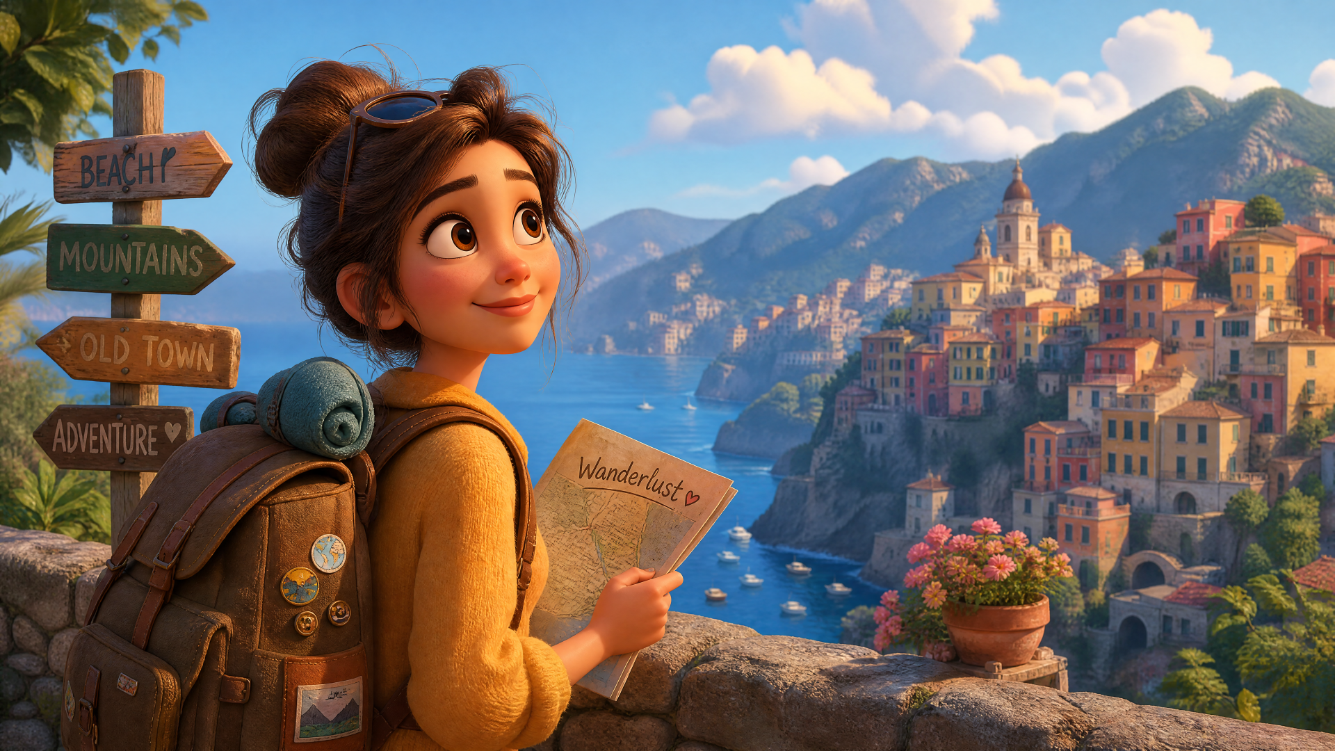Animated young traveler with backpack holds a Wanderlust map, gazing over a sunlit coastal village and mountains — 4K Ultra HD PC desktop wallpaper and background.
