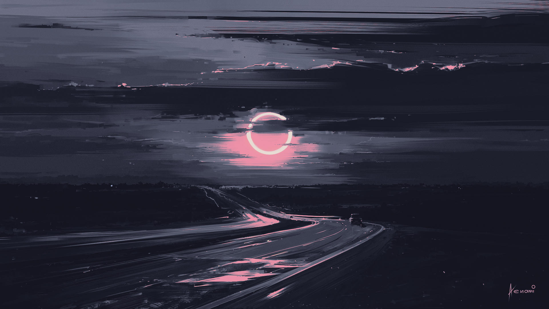 Digital art, digital painting illustration of a moody landscape: a glossy wet road reflecting a pink glowing ringed sun on the horizon; HD PC desktop wallpaper and background artwork.