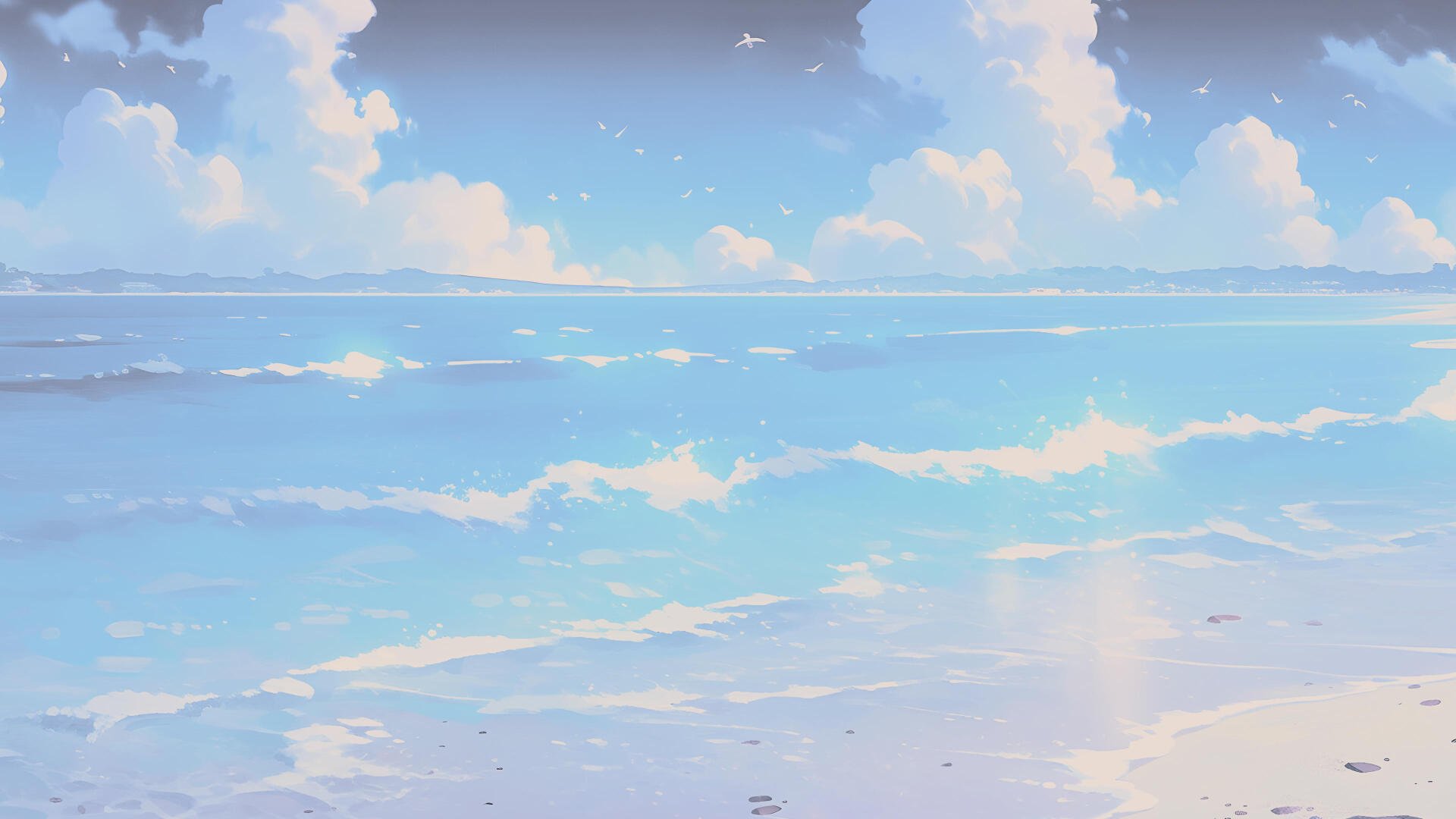 Digital painting illustration artwork landscape — 4K Ultra HD PC desktop wallpaper and background of a pastel seascape with gentle waves, reflective shore and fluffy clouds.