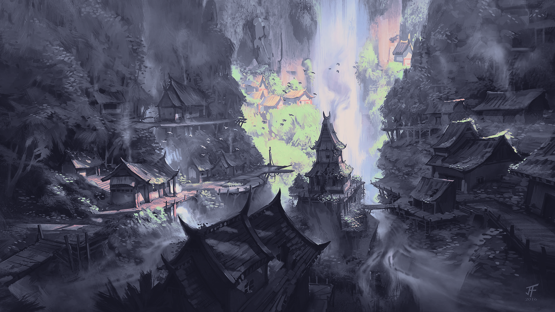 Digital Art digital painting illustration landscape artwork: 4K Ultra HD PC desktop wallpaper depicting cliffside Asian pagodas, bridges and a luminous waterfall in a foggy valley.