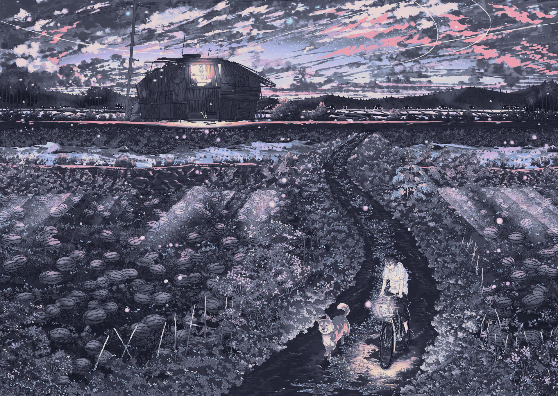 Digital Art digital painting illustration artwork: 2K Quad HD PC desktop wallpaper — a moody landscape of two figures on a muddy path toward a distant railcar beneath a pink-blue dusk sky.