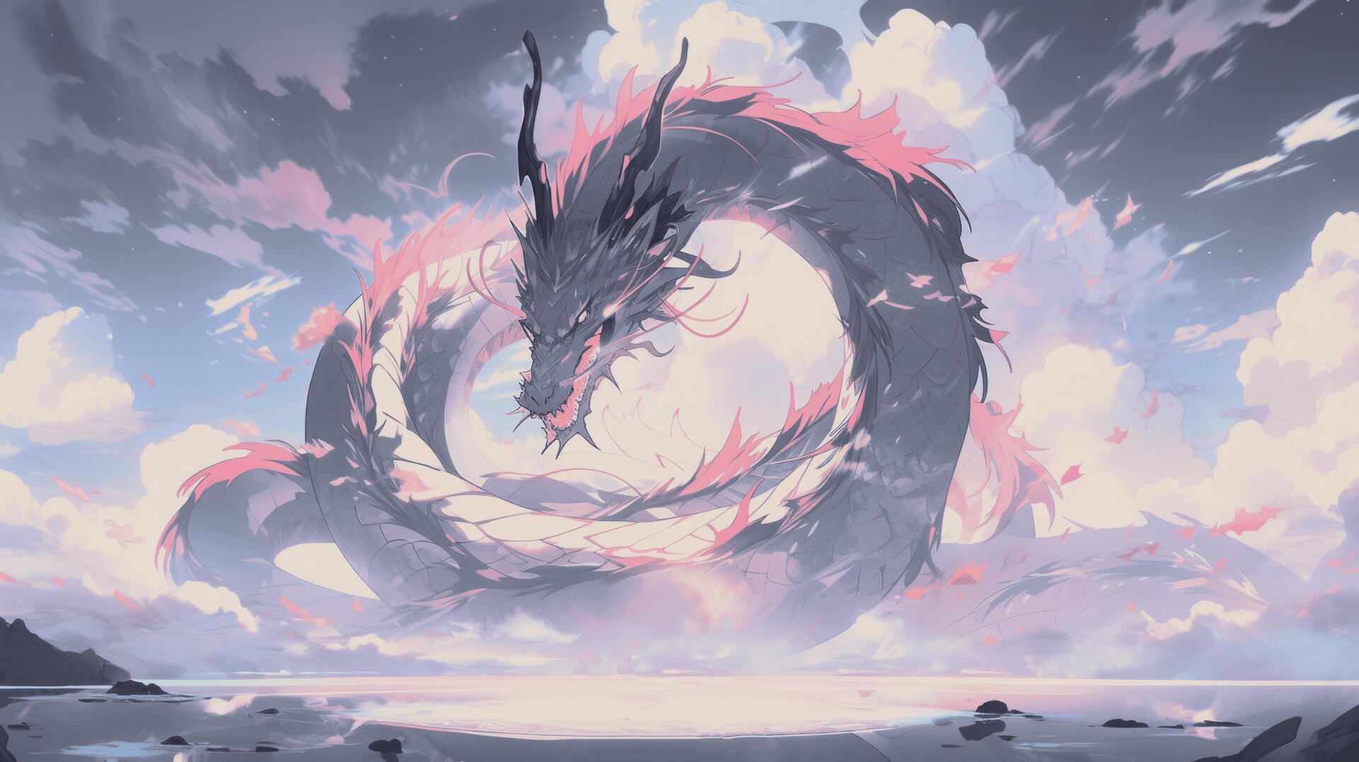 Digital art 5K Ultra HD digital painting illustration: a serpentine dragon coils above a pastel sea and cloudscape — landscape artwork PC desktop wallpaper.