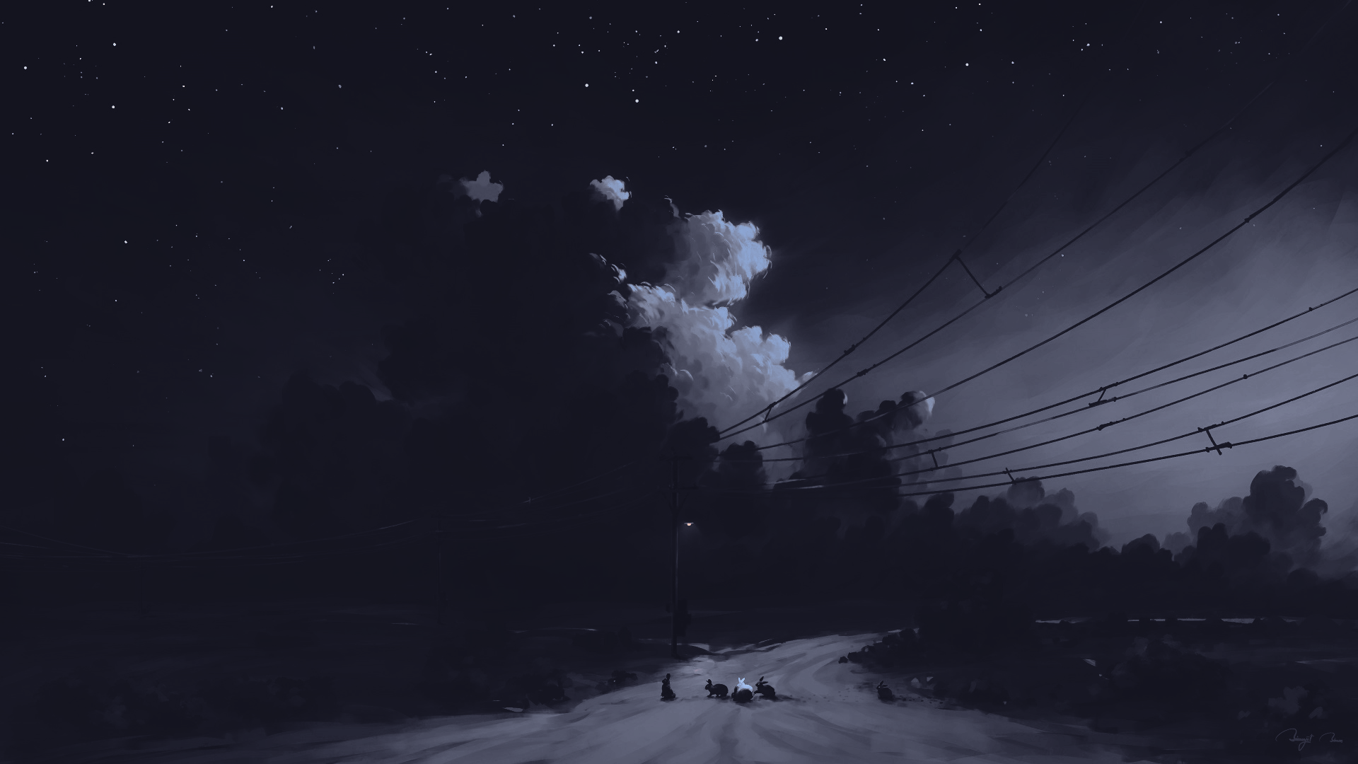Digital painting landscape artwork — HD PC desktop wallpaper showing a moody starlit night, towering clouds, silhouetted power lines and tiny figures on a snowy roadside.