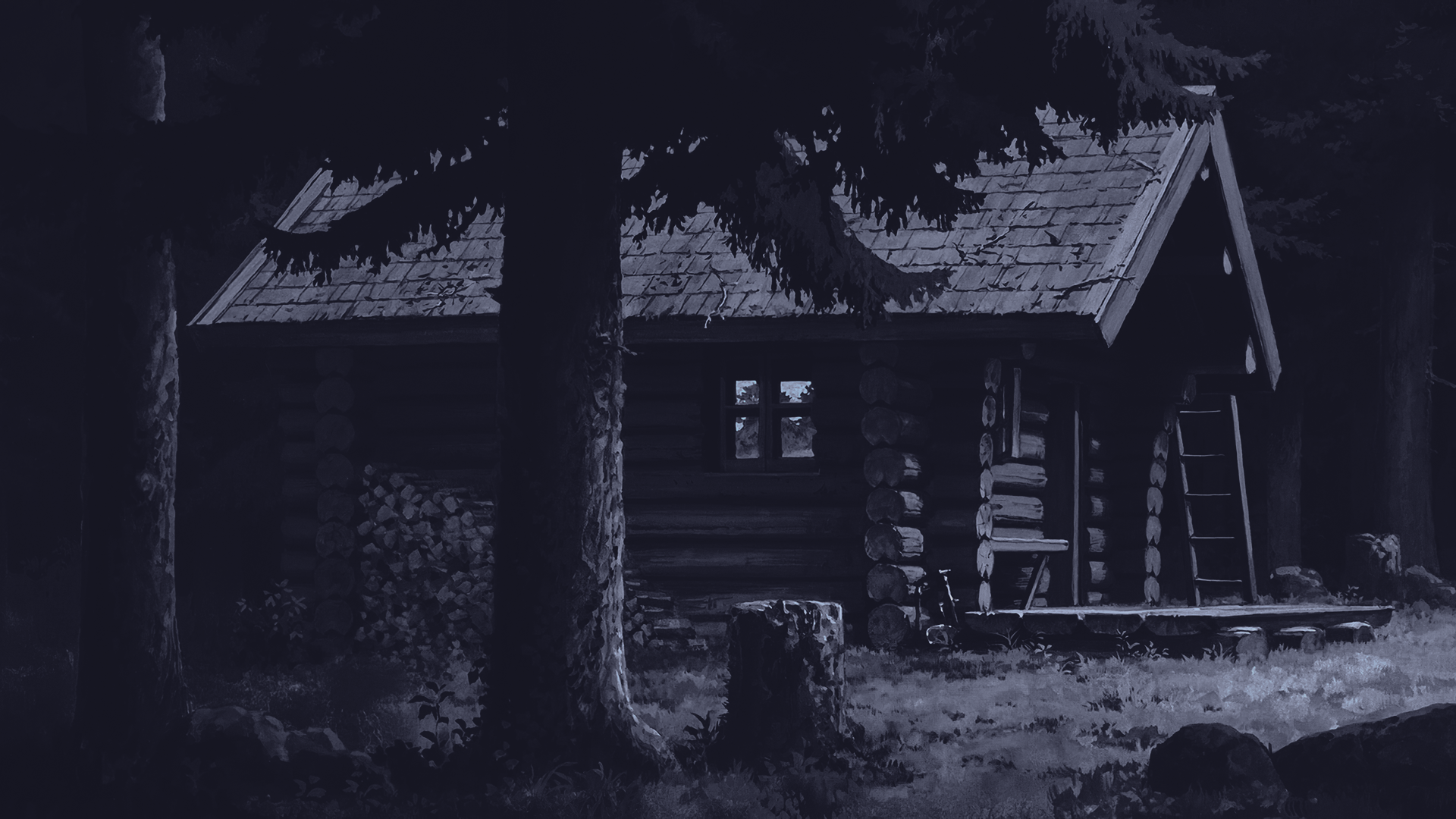 Digital Art — dark blue-toned digital painting illustration of a rustic log cabin beneath tall pines, moody landscape artwork; HD PC desktop wallpaper/background.
