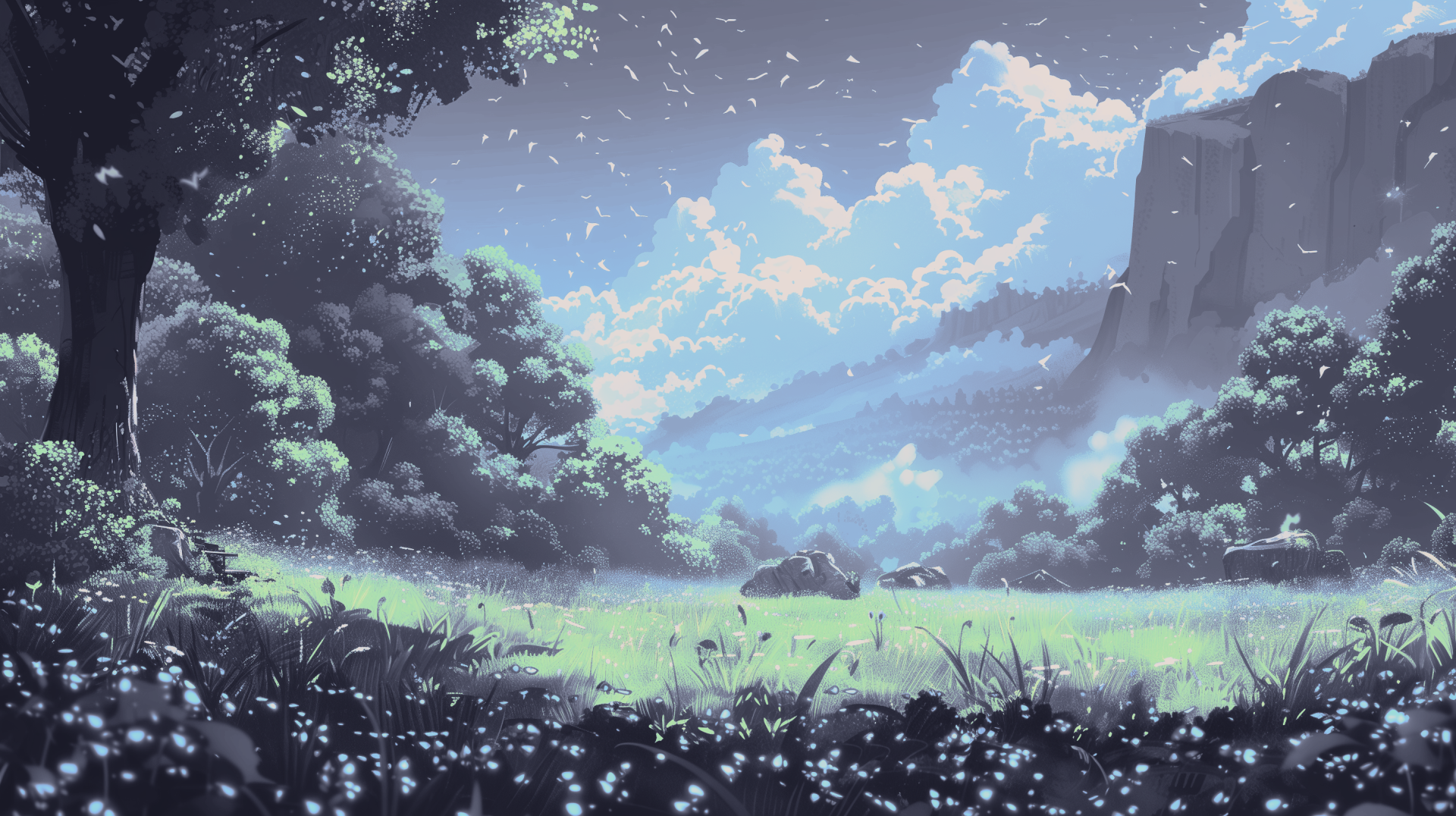 2K Quad HD Digital Art: digital painting illustration — landscape artwork of a sunlit meadow framed by trees and cliffs, rendered as a PC desktop wallpaper and background.