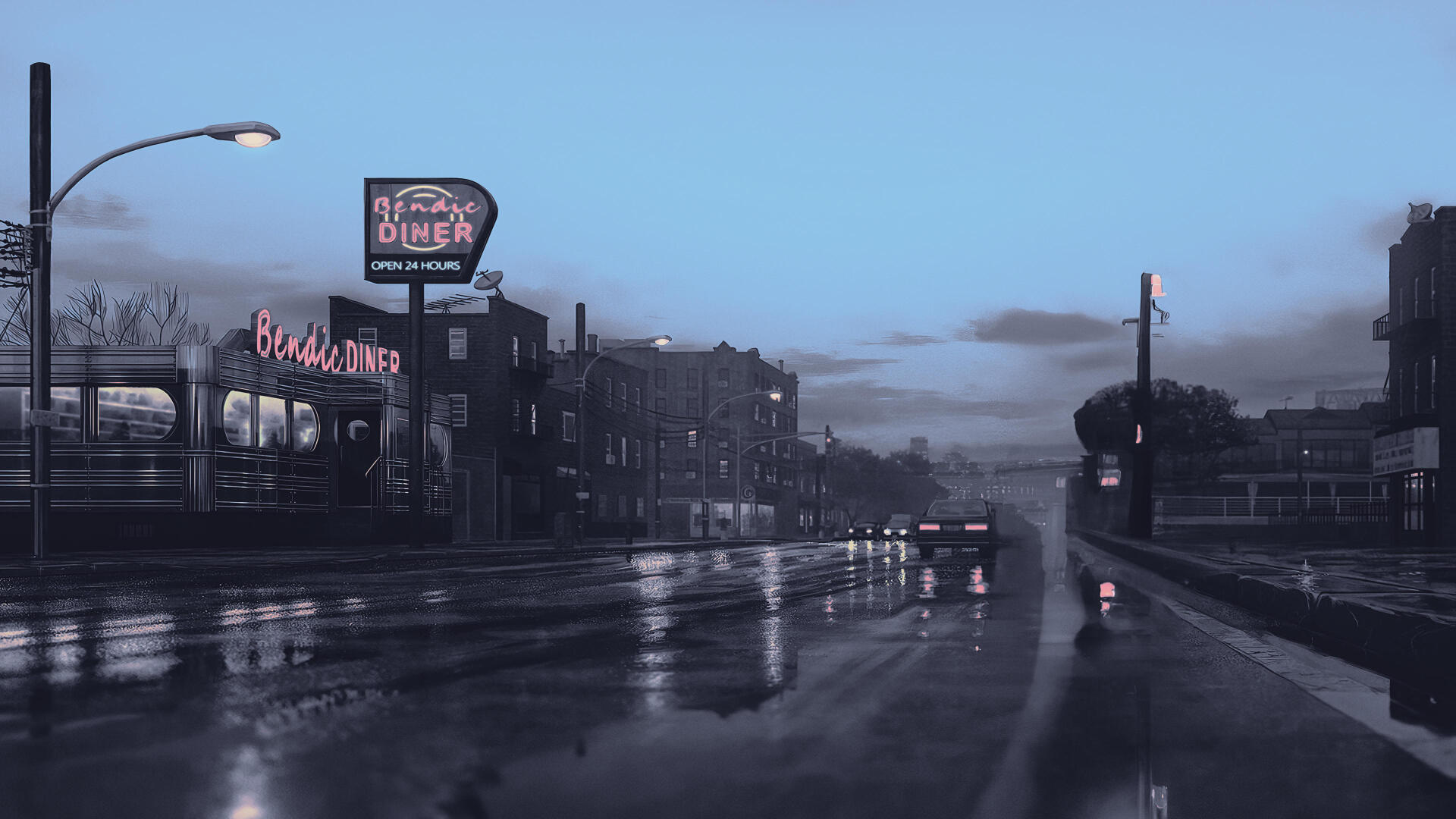 4K Ultra HD Digital Art digital painting illustration: moody urban landscape at dusk — wet reflective street, neon diner sign, cars and buildings under a cloudy sky; PC desktop wallpaper artwork.