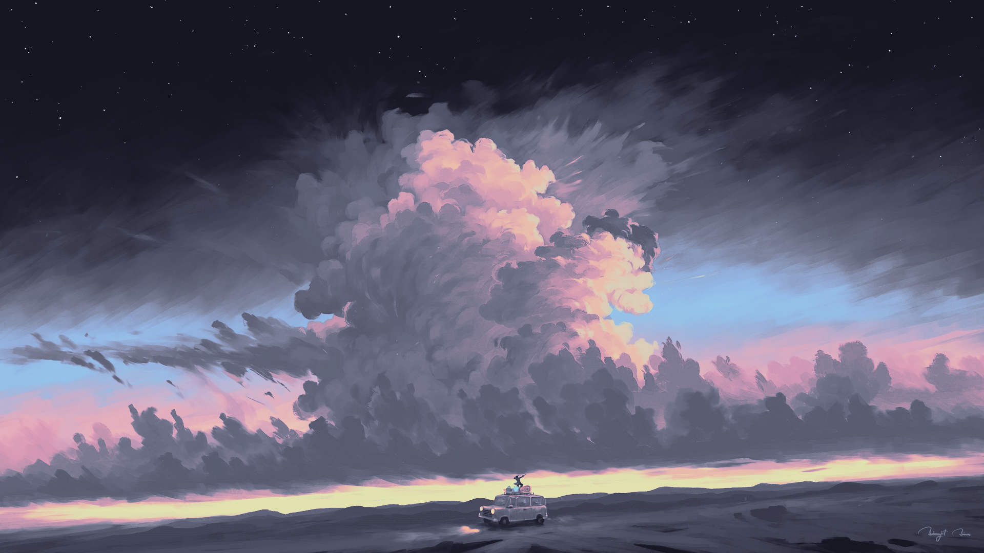 Digital Art digital painting illustration artwork — HD PC desktop wallpaper and background: a moody sunset landscape with towering pink-lit clouds over a calm sea and a lone boat on the horizon.