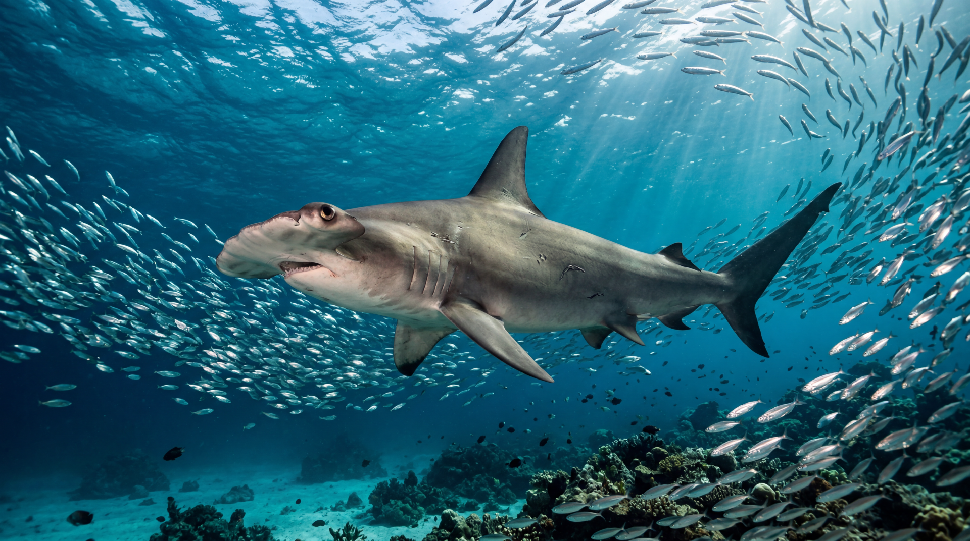 Hammerhead shark swimming over a coral reef amid a swirling school of fish, sunlit blue water — 5K Ultra HD PC desktop wallpaper/background.