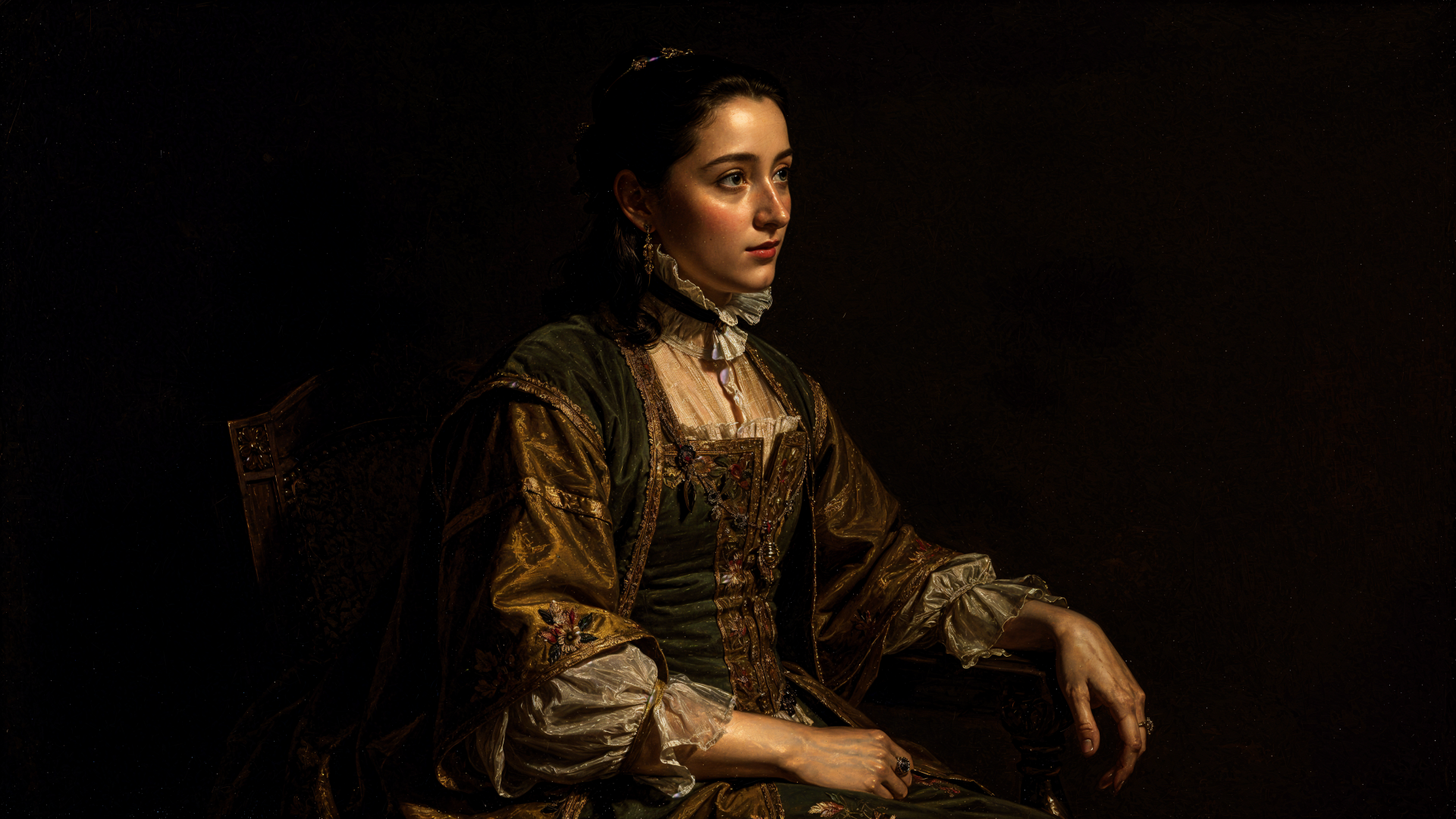 Classical 4K Ultra HD PC desktop wallpaper and background: chiaroscuro portrait of a seated woman in 18th-century dress against a dark backdrop.